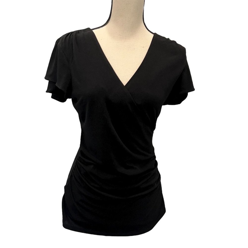 Banana Republic Tulip Sleeve Low V Neck Black Rushed Top Size Small